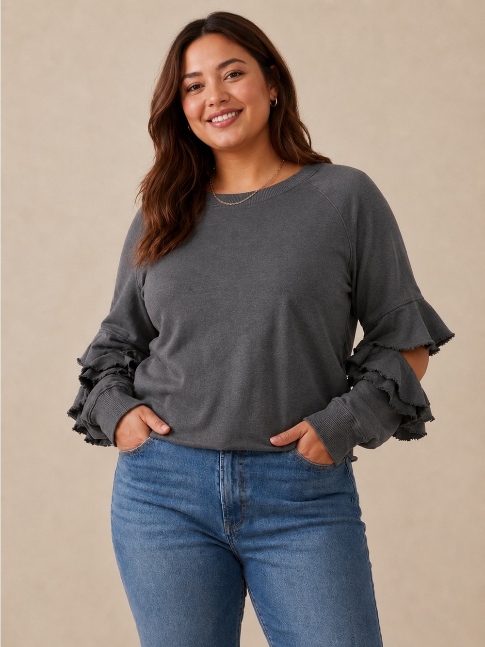 Lanston Ruffled Sleeve Crewneck Sweatshirt